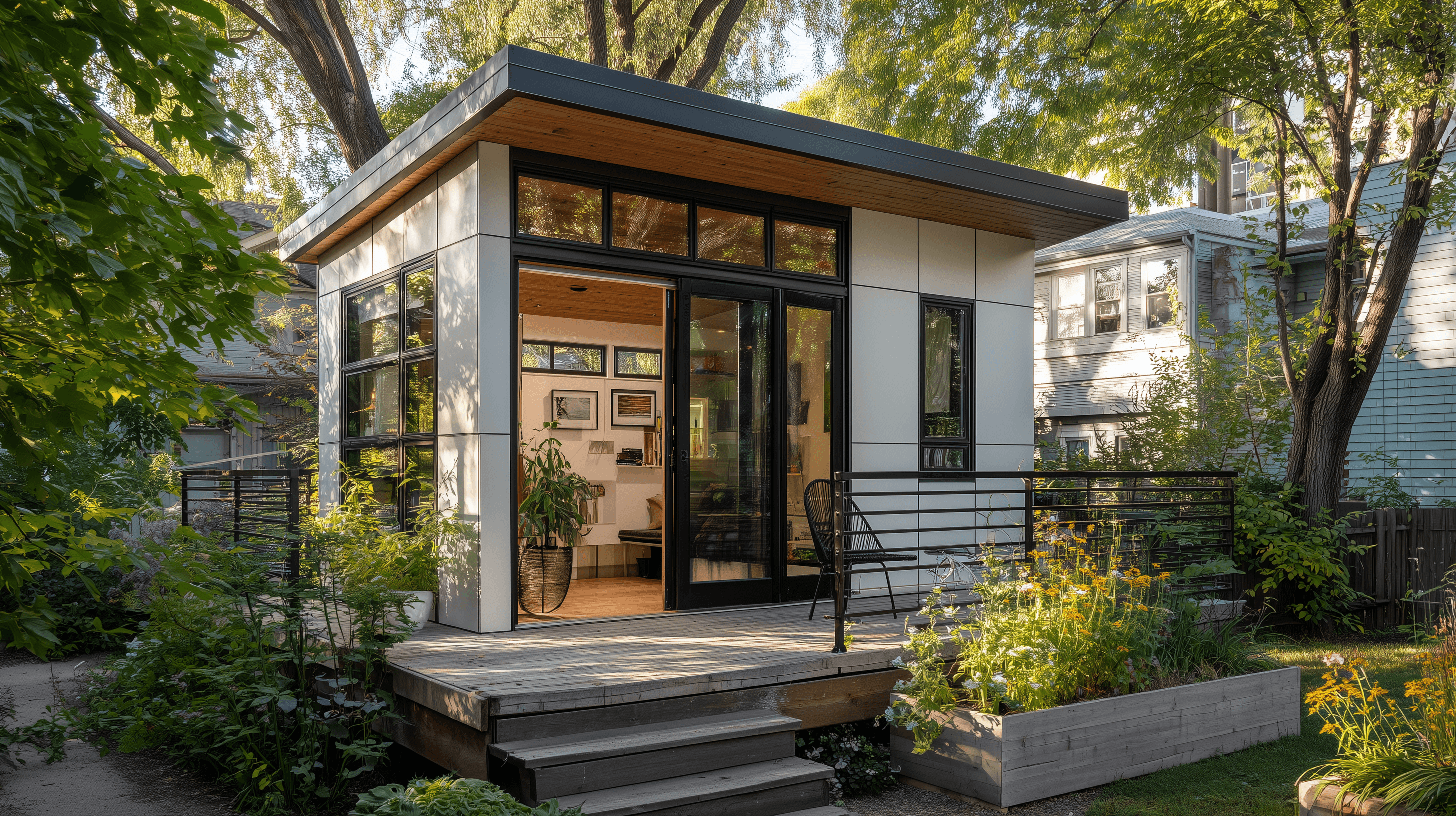 ADU Studio Flat — a modern flat-roof backyard studio with light finishes and folding glass opening