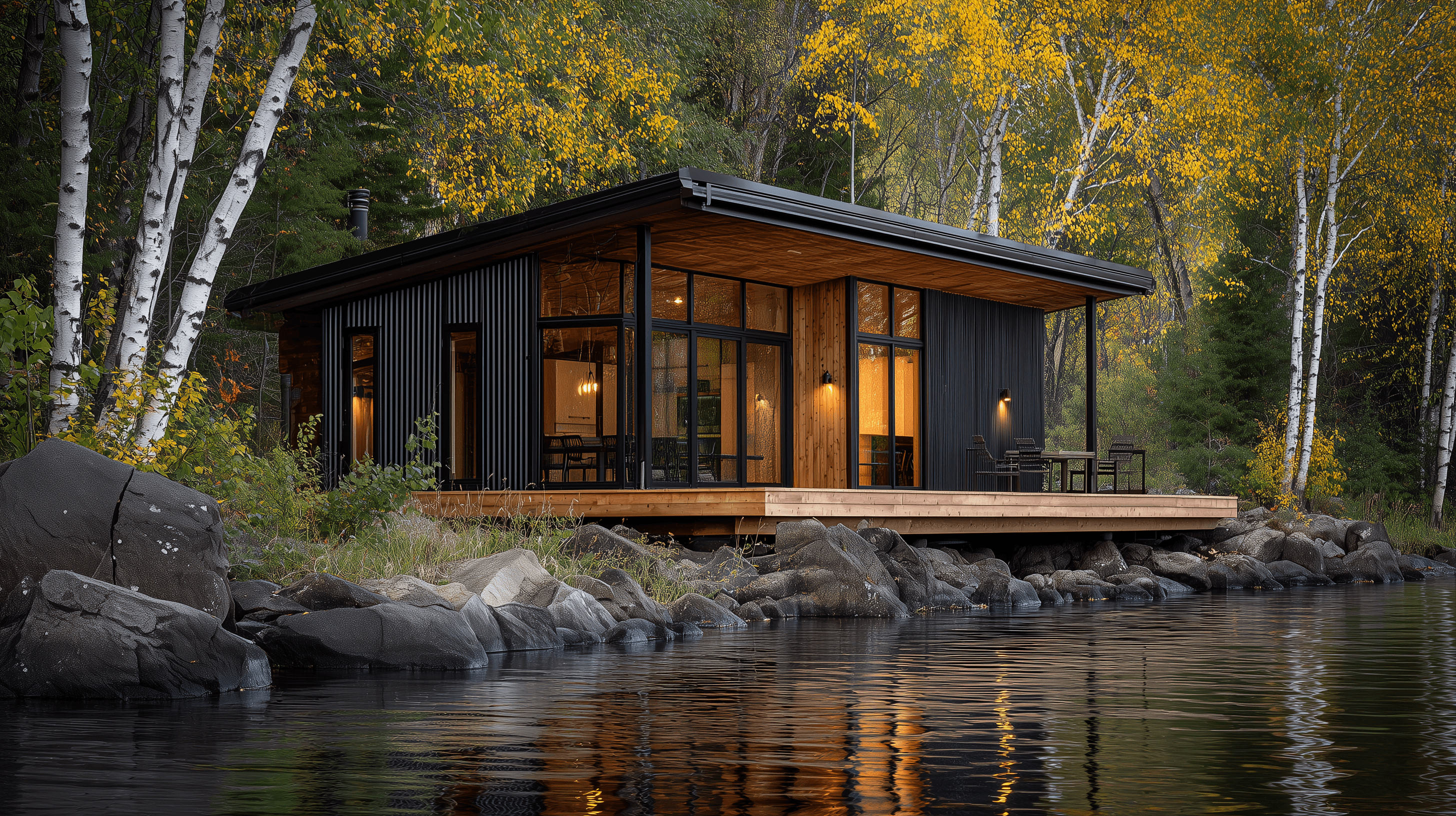 The Birchwood — warm cedar park-model cabin with cantilevered deck on a Minnesota lake