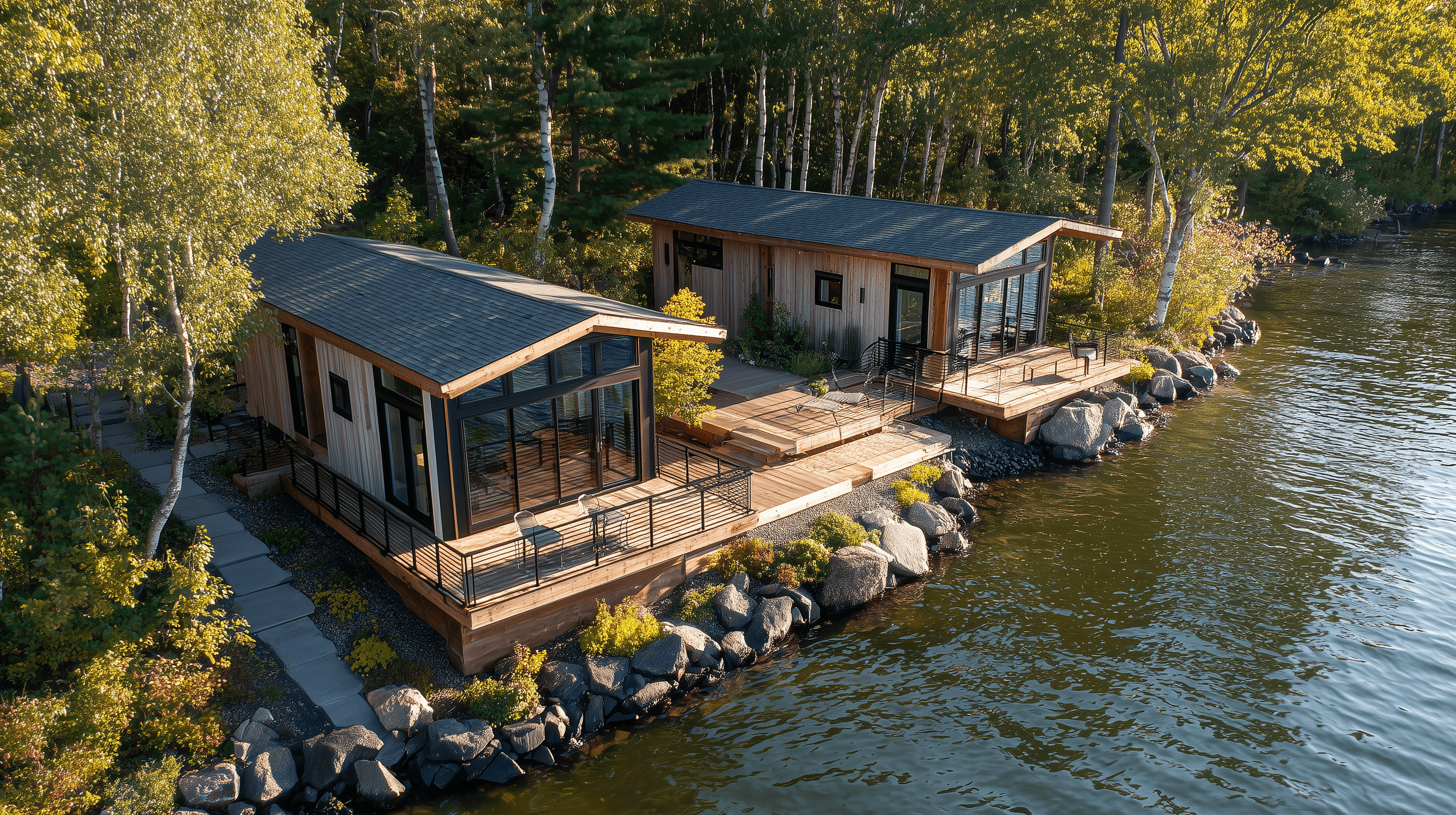 Two matching warm cedar cabins on a Minnesota lakefront — The Compound Duet