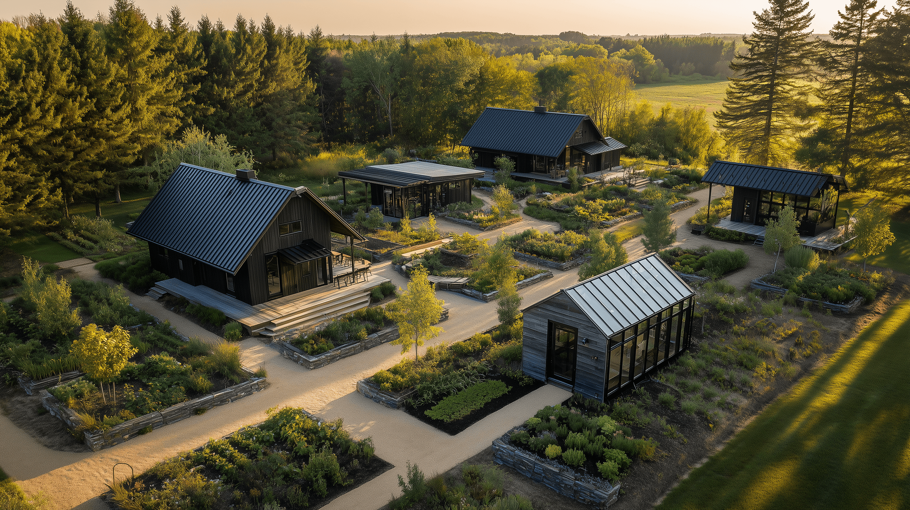 Two dark-cedar-finish cabins facing a shared central garden — The Gardener Compound Dark