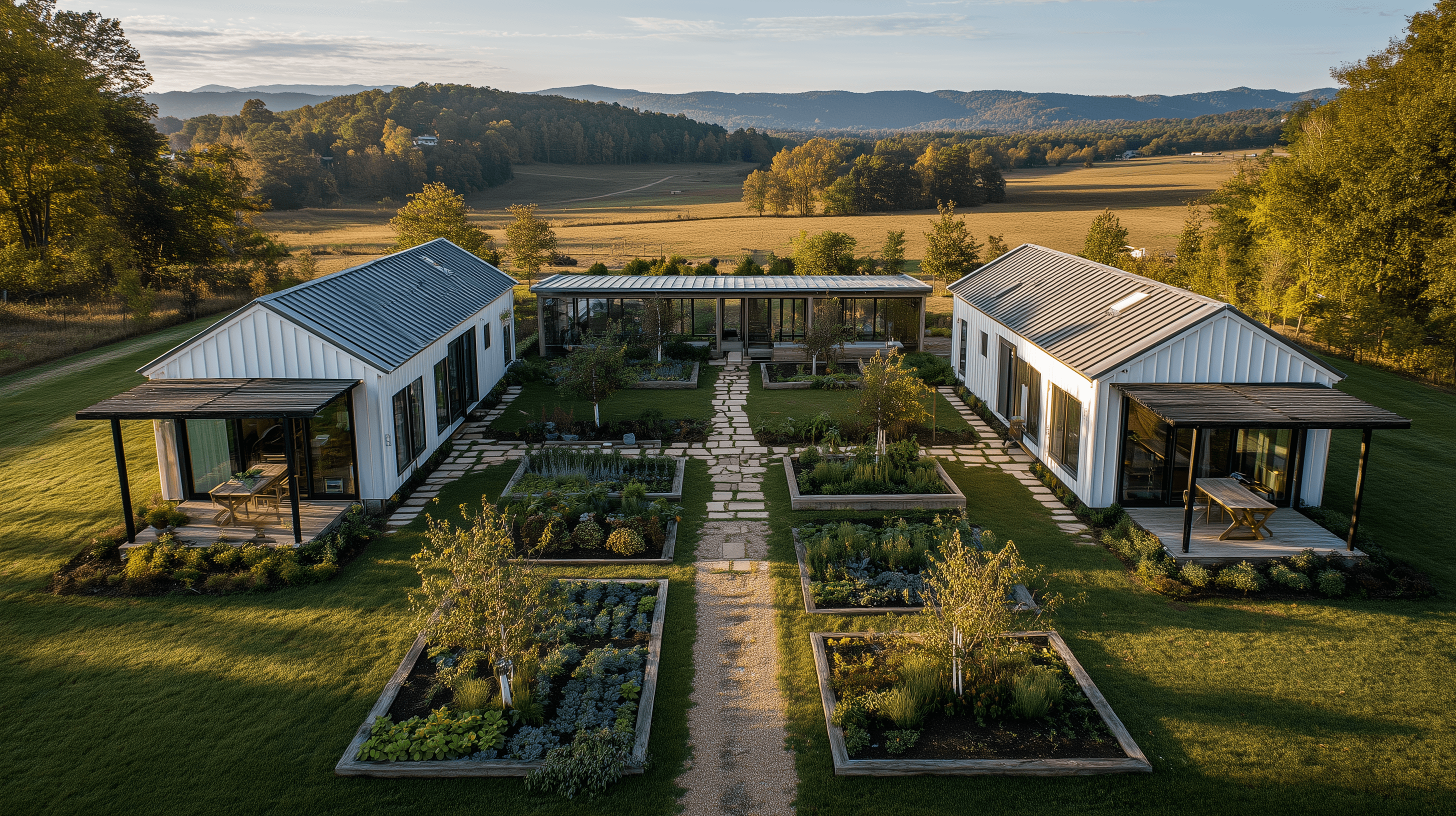 Two light-finish cabins facing a shared central garden with pergola — The Gardener Compound Light