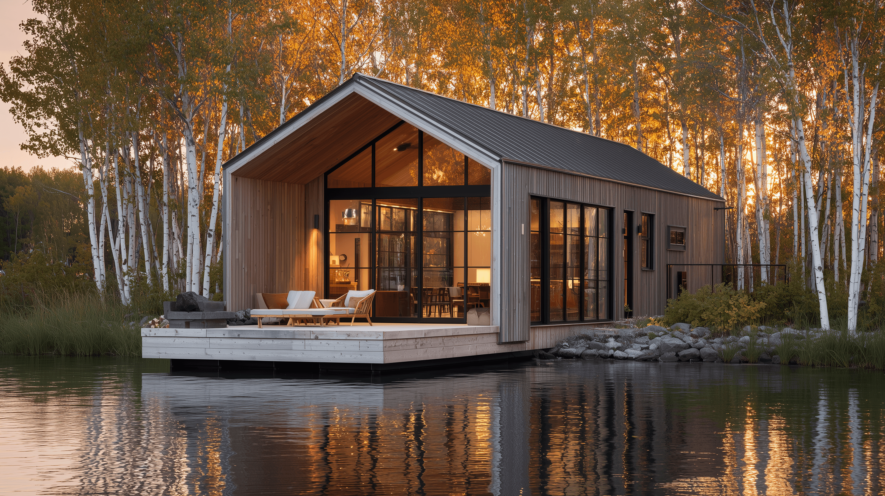 The Voyager — a clean modern lakefront cabin with large deck and high south-facing windows